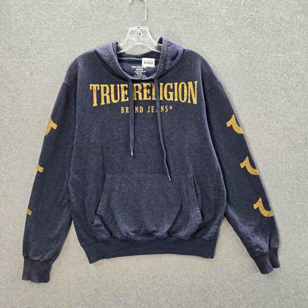 True Religion Men Sweatshirt Medium Blue Hoodie Logo Graphic Print Pullover